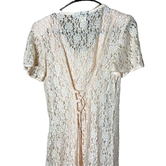 Vintage Dawn Joy 80s/90s Light Pink Lace Coquette Cottagecore Lace Maxi Dress Si - Picture 12 of 15